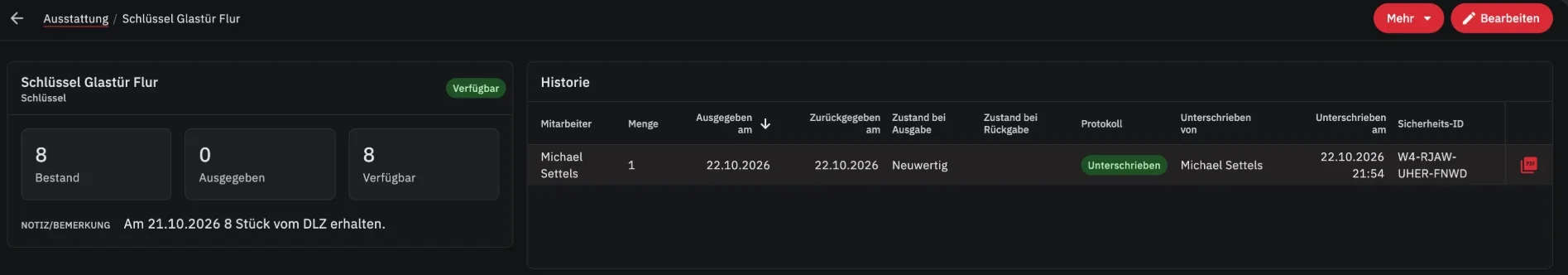 Historie einer ausgegebenen Ausstattung mit Mitarbeiter, Menge, Ausgabe- und Rückgabedatum, Zustand bei Ausgabe und Rückgabe, Protokollstatus, Unterschrift und Sicherheits-ID