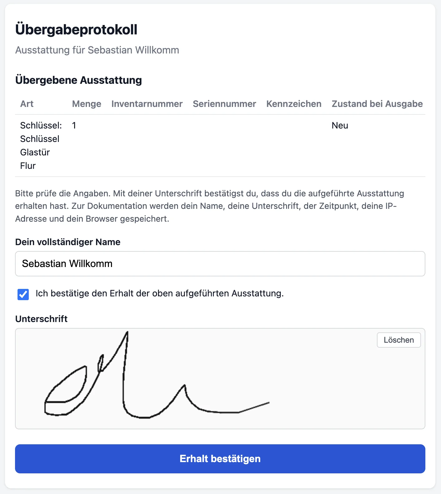 Übergabeprotokoll auf dem Handy mit übergebener Ausstattung, Feld für den vollständigen Namen, Bestätigung des Erhalts, Unterschriftsfeld und Knopf Erhalt bestätigen