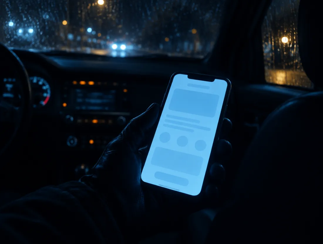 Ein Handy mit einem einzelnen Formular im Begleitfahrzeug bei Nacht
